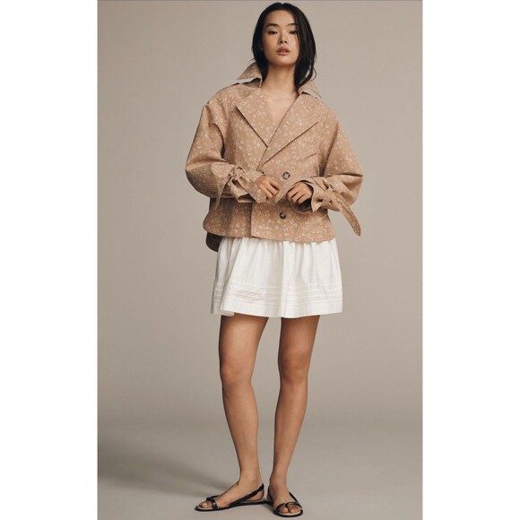 Anthropologie Crop Trench Jacket Brown Floral Cutwork Preppy Retro Medium NWT